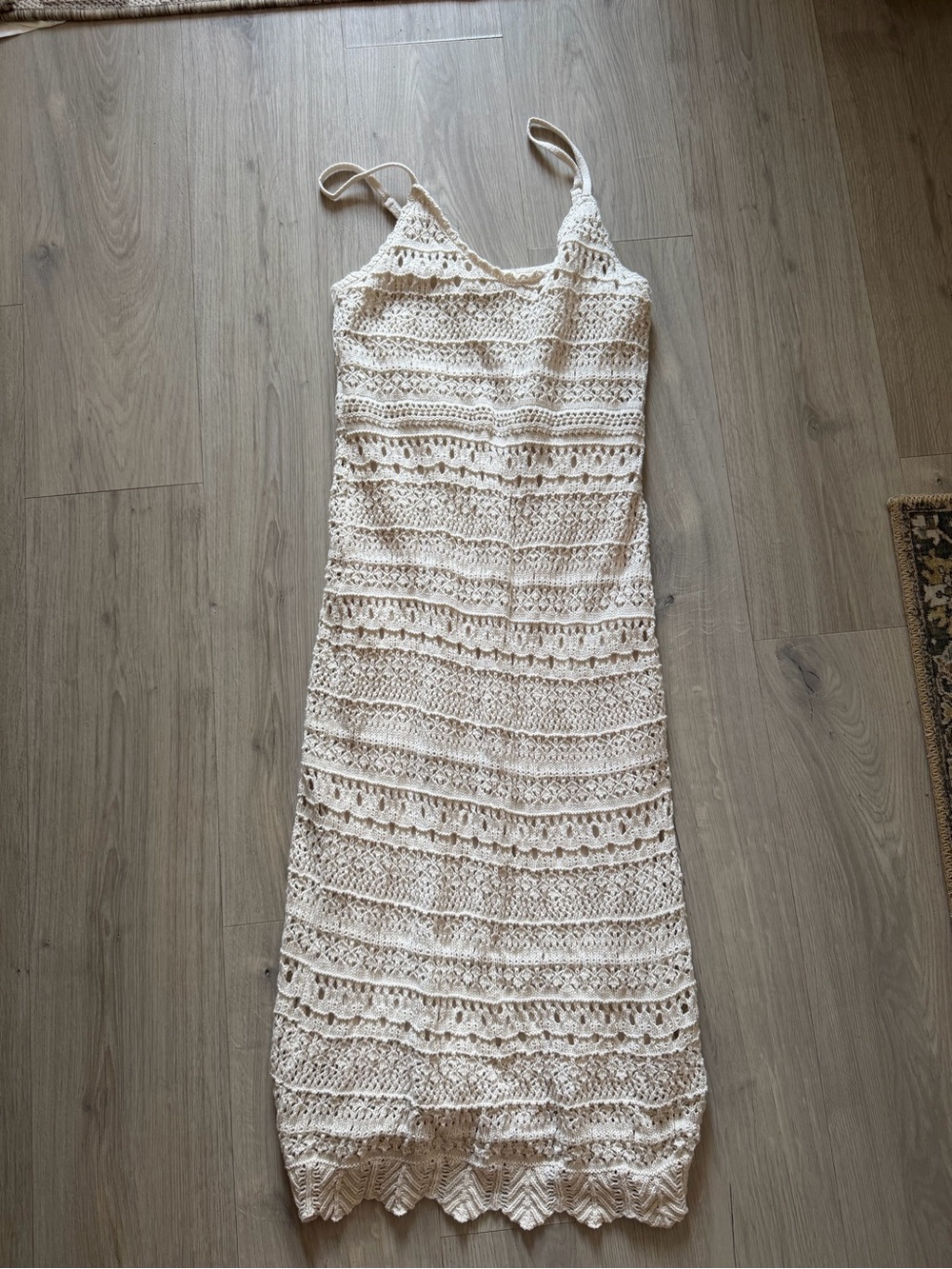 Freshman Cream Crochet Midi Dress with Spaghetti Straps